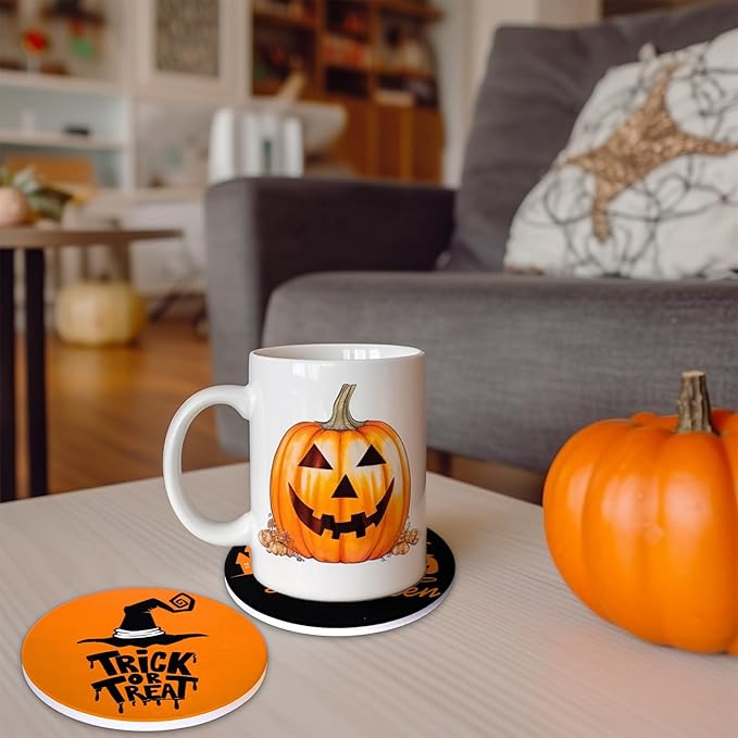 4Pcs Halloween Coasters Orange Black Round Ceramic Coaster Trick or Treat Heat-Resistant Cup Mats for Wooden Table Protection Home Party Supplies-CasaMuseHome