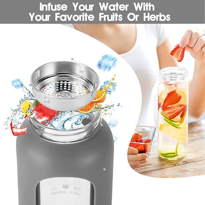 32 oz Glass Water Bottle with Straw - Motivational Time Marker & Silicone Sleeve - Reusable Tumbler Includes 2 Bamboo Lids & Fruit Infuser - 1 Pack-CasaMuseHome