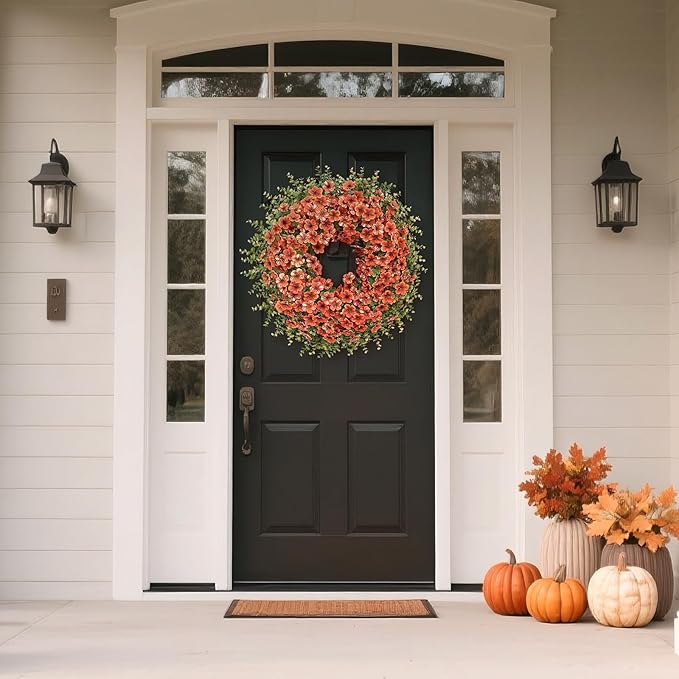 26" Fall Wreath for Front Door, Porch, Window - Large Artificial Boxwood Leaves with Fake Daisy Flowers Outdoor Wreath Faux Eucalyptus for Home Farmhouse Harvest Festival Thanksgiving Day Autumn Decor-CasaMuseHome