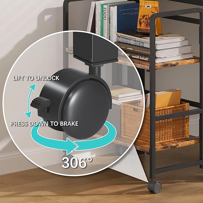 4NM 2 Tiers No-Assembly Folding Bookshelf with Wheels, Portable Rolling Storage Bookcase & Compact Side Table for Living Room, Bedroom, Kitchen, Bathroom (Rustic Brown and Black)-CasaMuseHome