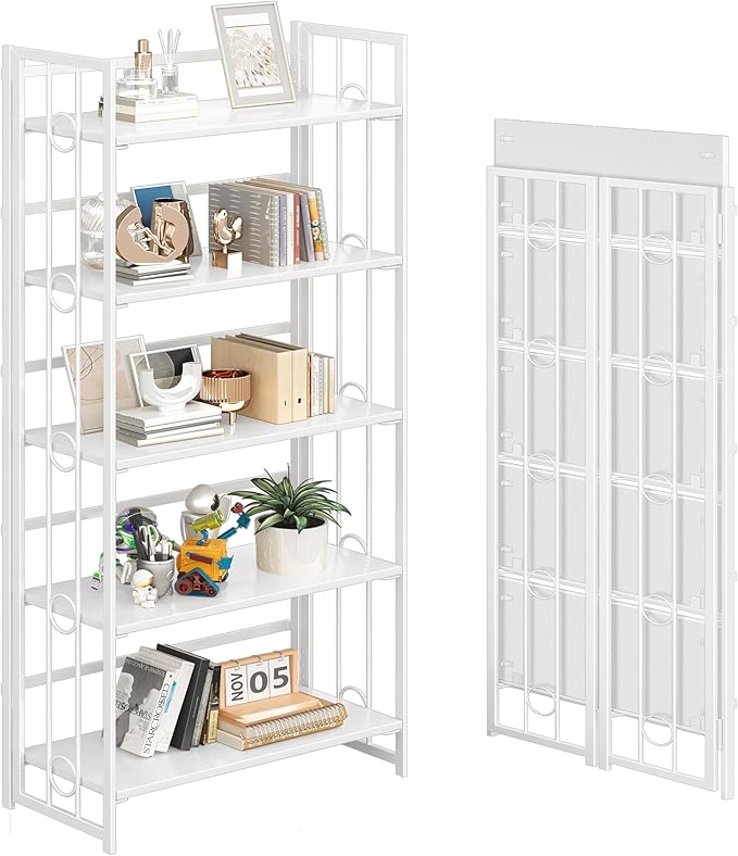 4NM No Assembly 5 Tiers Folding Bookshelf, 59.4" H Foldable Storage Shelves Vintage Bookcase Standing Racks Study Organizer Home Office - All White-CasaMuseHome