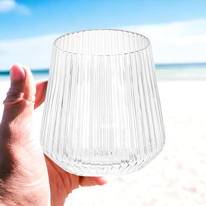 24 Pack Ribbed Origami Ripple Plastic Glasses, 12-9 Ounce Stemless Champagne Flutes & 12-12 Ounce Cups, BPA-Free Disposable Shatterproof Toasting Glasses for Weddings, Bars, and Events (Clear)-CasaMuseHome