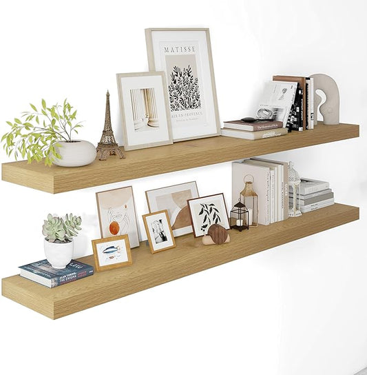 12 Inch Deep Floating Shelves 55 inch Long, 55 x 12 Wide Wall Shelves with Invisible Brackets, Heavy Duty Shelf for Bedroom Bathroom Living Room Kitchen Office Home Decor, Modern Shelf Set of 2, Oak-CasaMuseHome