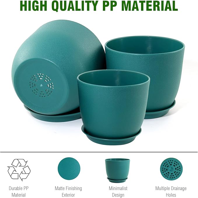9/8/7.5 inch Flower Pots, 3 Pack Modern Plastic Planters with Drainage Holes and Trays for House Plants, Plant Pots for Indoor Outdoor Plants, Blue Green-CasaMuseHome