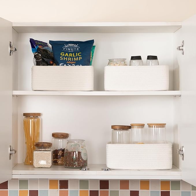 3 Pack Small Storage Baskets for Organizing, Cute Woven Decorative Gift Baskets for Shelves, Mini Closet Organizer Bins with Handles, 11.81''Lx7.87''Wx4.72''H-White-CasaMuseHome