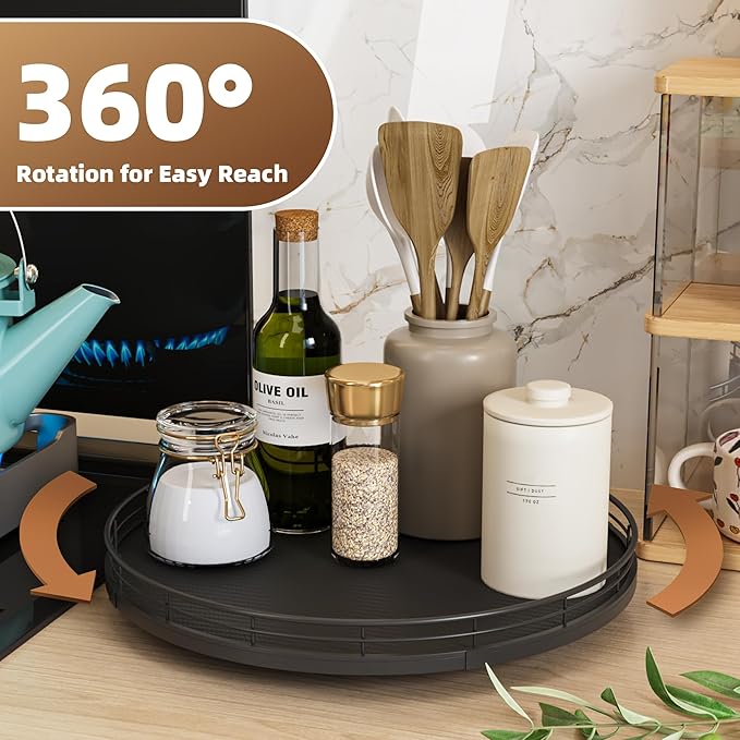 13" Lazy Susan Turntable Organizer for Table Top, Round Wooden Lazy Susan for Cabinet Kitchen Decor Centerpieces Coffee Table, Storage Condiments Spices, Bathroom Vanity Tray for Soap, Black-CasaMuseHome