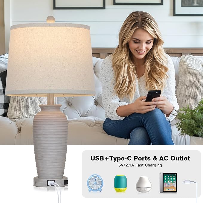 25“ Traditional Table Lamps Set of 2, Bedside Touch Lamp with USB C+A Charging Ports, Rustic Farmhouse Jar Table Lamps for Living Room Bedroom, Side Table Lamp with Beige Fabric Shade, Antique Grey-CasaMuseHome