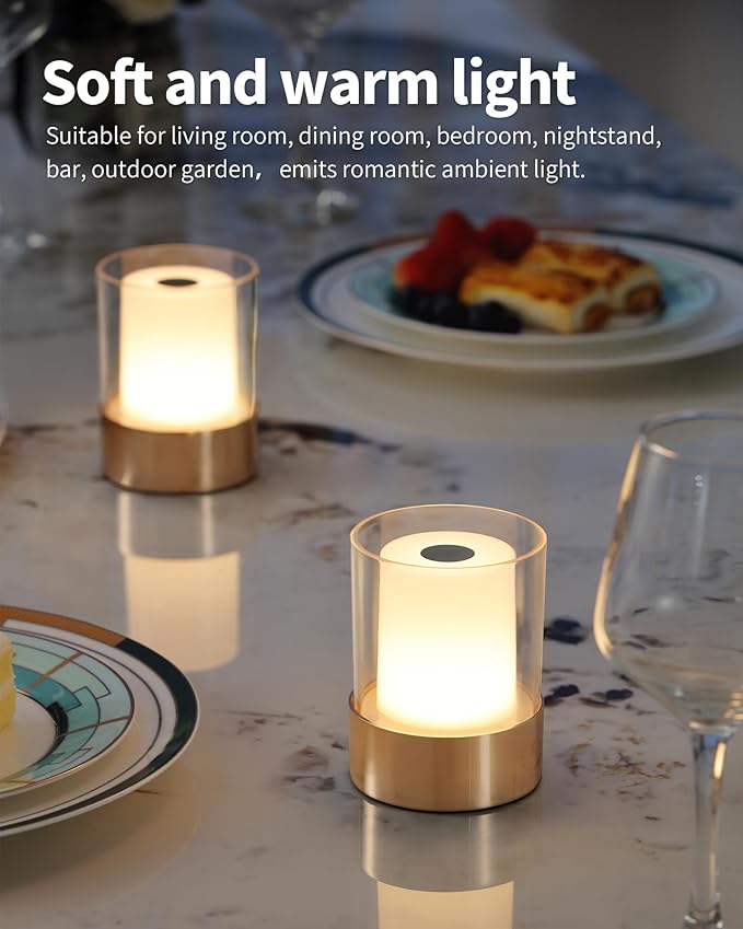 4" Mini Dining Table Light 2 Pack for Buffet Restaurant, Outdoor Waterproof Lamps for Bathroom Camping, Rechargeable Cordless Table Lamp for Bar, Touch Warm Night Light for Nursery Baby (Gold)-CasaMuseHome