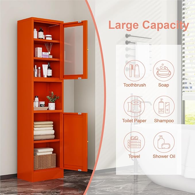67" Tall Bathroom Storage Cabinet, Narrow Metal Floor Cabinet with Glass Door and Adjustable Shelves, Freestanding Metal Locker for Laundry, Kitchen, Dining Room-CasaMuseHome
