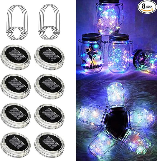 8 Pack Solar Outdoor Fairy Star Firefly Jar Lids Lights,Solar Fairy String Lids Lights（No Jars）,Waterproof Lantern Mason String Solar Lights with Hangers for Regular Mouth Jars-CasaMuseHome