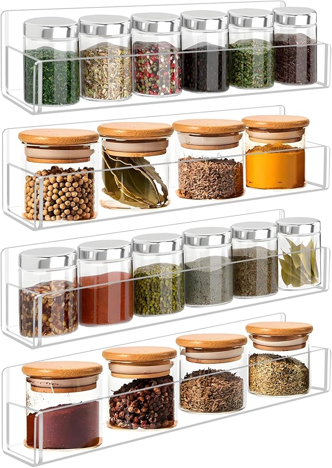 Acrylic Spice Rack Wall Mount-12 Inch, Clear Spice Shelf Storage Holder, 4 Pack Hanging Seasoning Rack Organizer for Cabinet Door, Cupboard or Wall Kitchen (Adhesive or Screw)-CasaMuseHome