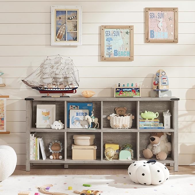 8 Cube Book Shelf, Farmhouse Wood Long Storage Organizer Bookcase, 62" Horizontal Grey Oak Console Closet Bookshelf, Hallway TV Stand for Entryway, Display Cabinet Book Case for Living Room-CasaMuseHome