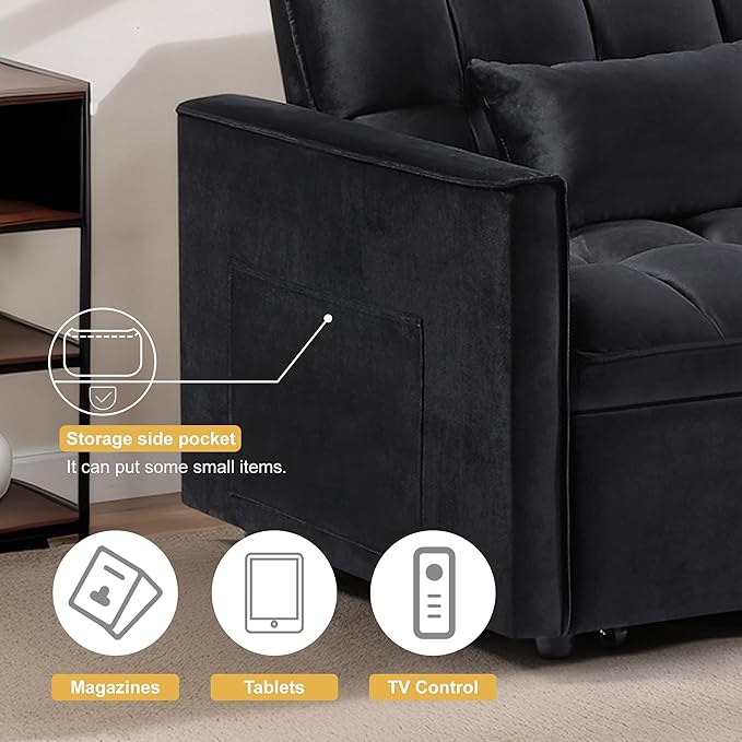 3 in 1 Convertible Sleeper Sofa Bed, Velvet Pull Out Sofas Beds with Side Pocket, 54” Adjustable Backrest Futon Sofa Bed, Love Seat Sleepers Couch for Living Room, Bedroom, Small Space, Black-CasaMuseHome