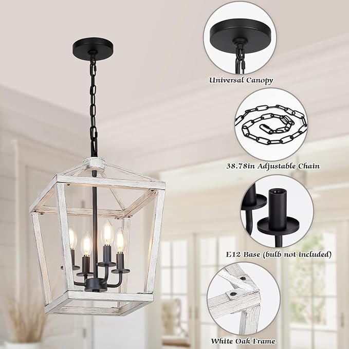 4 Light Rustic Chandelier, Farmhouse Lantern Fixture with Brushed White Oak Cage and Adjustable Chain, E12 Base Geometric Hanging Light Fixture Ceiling lighting for Entryway Kitchen Island, Indoor Use-CasaMuseHome
