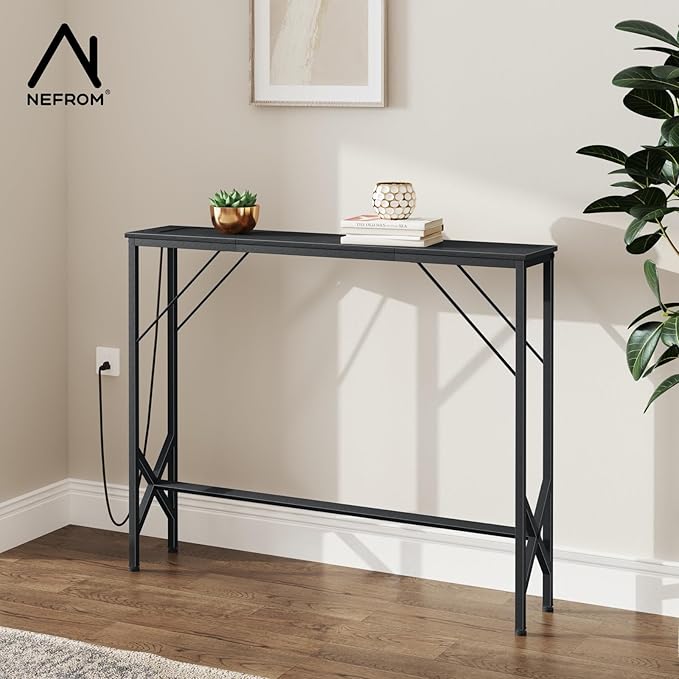 39.4" Console Table, Skinny Entryway Table with Fast-Charging Station, Narrow Long Sofa Table, Behind Slim Couch Table for Entrance, Hallway, Living Room Decor ST-BK100-1-CasaMuseHome