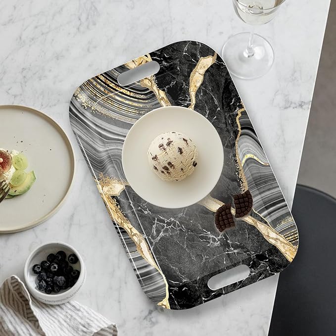 Serving Trays with Handles, 14.5 x 9.8 inch Rectangular Plastic Tray for Restaurant, Kitchen, Abstract Background Black Marble-CasaMuseHome