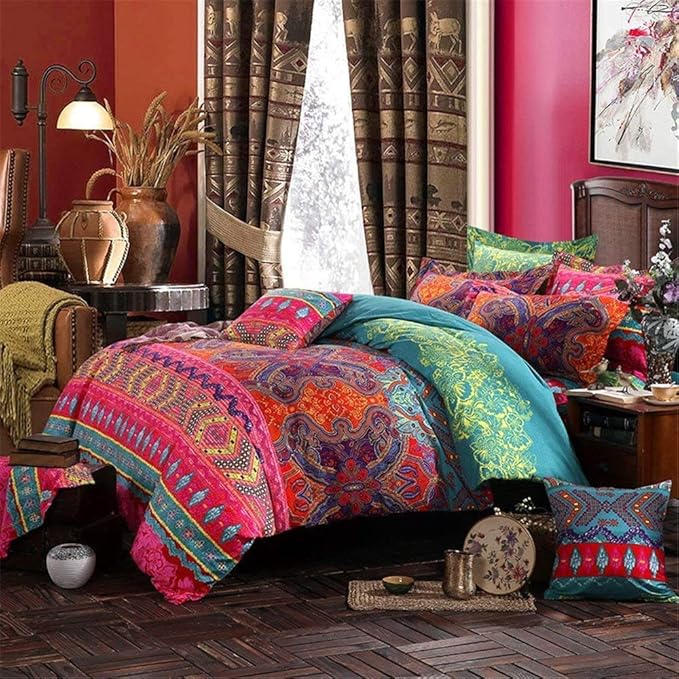 ABREEZE 3Pcs Bohemia Retro Bedding Ethnic Vintage Floral Duvet Cover Boho Bedding 100% Brushed Cotton Bedding Sets Damask Paisley Coloful Mandala Down Comforter Cover,Queen-CasaMuseHome