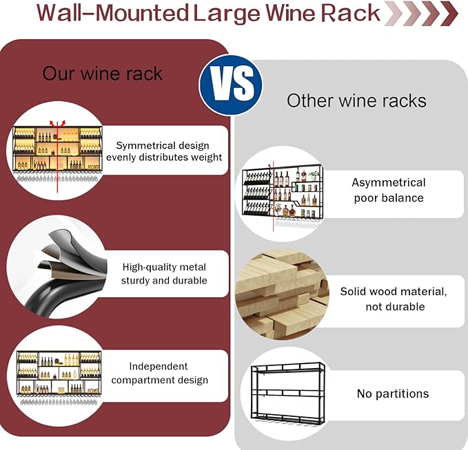 51Inch Wall Mounted Wine Rack, 3 Tiers Large Bar Shelves with 12 Glass Holder, Metal Wine Bottle Display Shelf, Modern Iron Liquor Shelf, for Kitchen Dining, Home Bar, Cellar (51.1" W)-CasaMuseHome