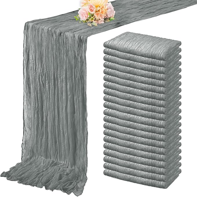 20 Pack Gray 10FT Cheesecloth Table Runner Rustic Gauze Fabric Cheese Cloth Table Runner for Wedding Bridal Baby Shower Table Decor 20 x 120 Inch Long Boho Sheer Birthday Party Table Decorations-CasaMuseHome