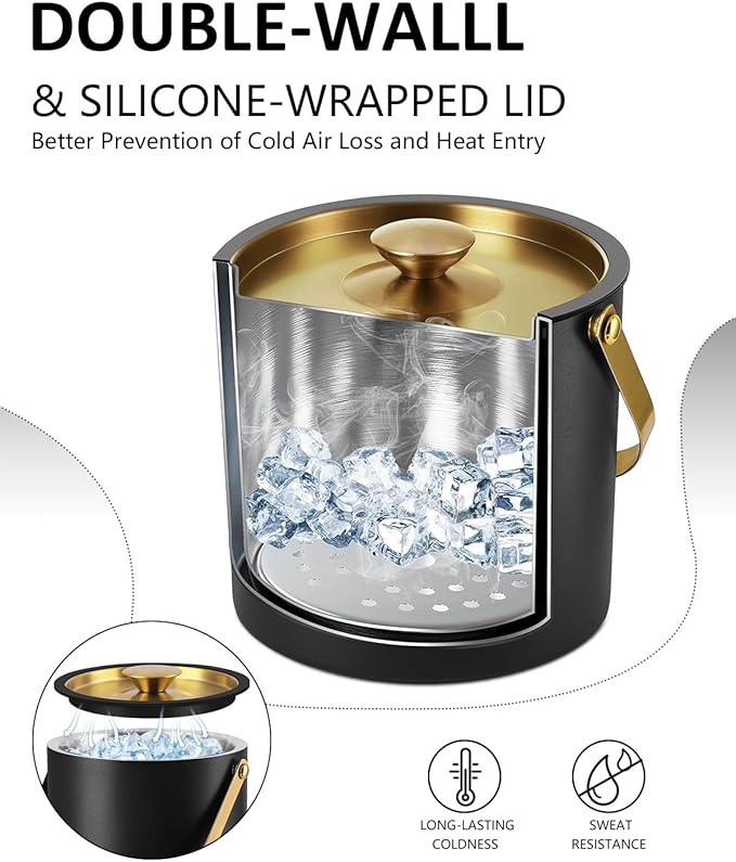 3L Ice Bucket with Silicone Lid, Scoop, Gold Tongs & Strainer, Stainless Steel Double Wall Insulated Ice Buckets for Parties & Cocktail Bar, Outdoor Champagne Ice Container Bin, Black-CasaMuseHome