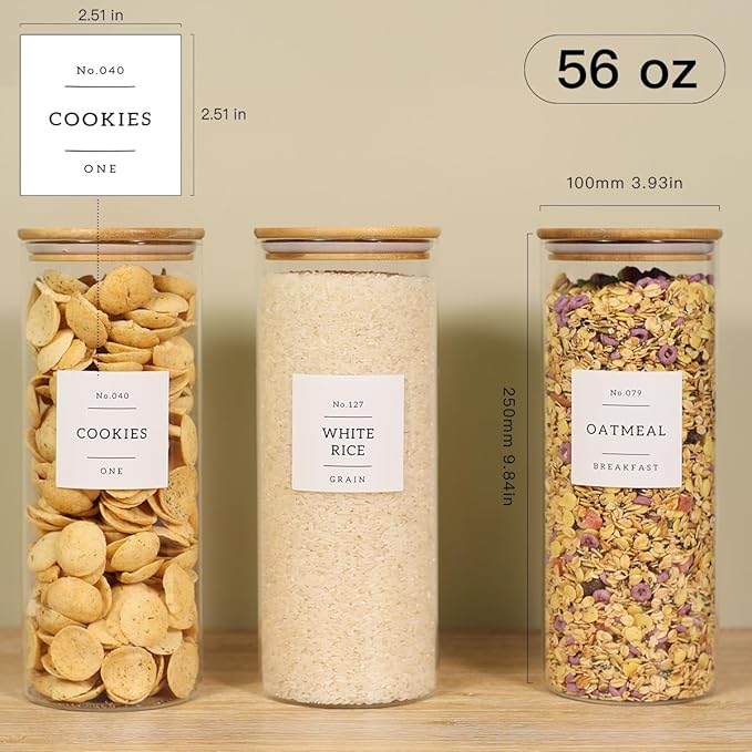 3 Pack Glass Jar with Airtight Bamboo Lid and White 132 Kichen Pantry Labels Preprinted - 56 Oz Clear Tall Glass Food Storage Containers set For Pasta Flour Cookie Rice-CasaMuseHome