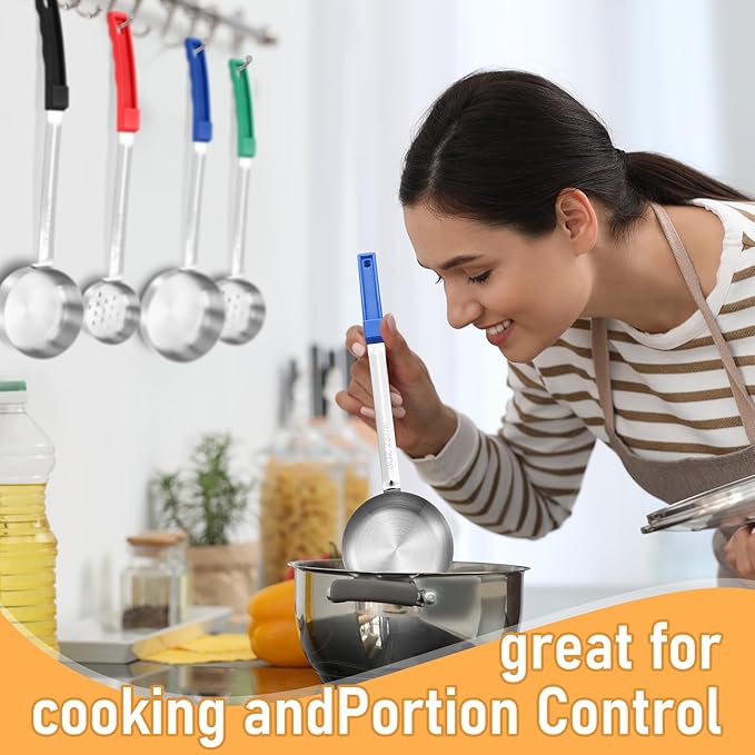 16 Pcs Portion Control Serving Spoons, Restaurant Measuring Serving Ladle Utensils, Portion Control Slotted Scoops for Weight Loss, Solid and Perforated Scoops(4 Colors,4 Sizes)-CasaMuseHome