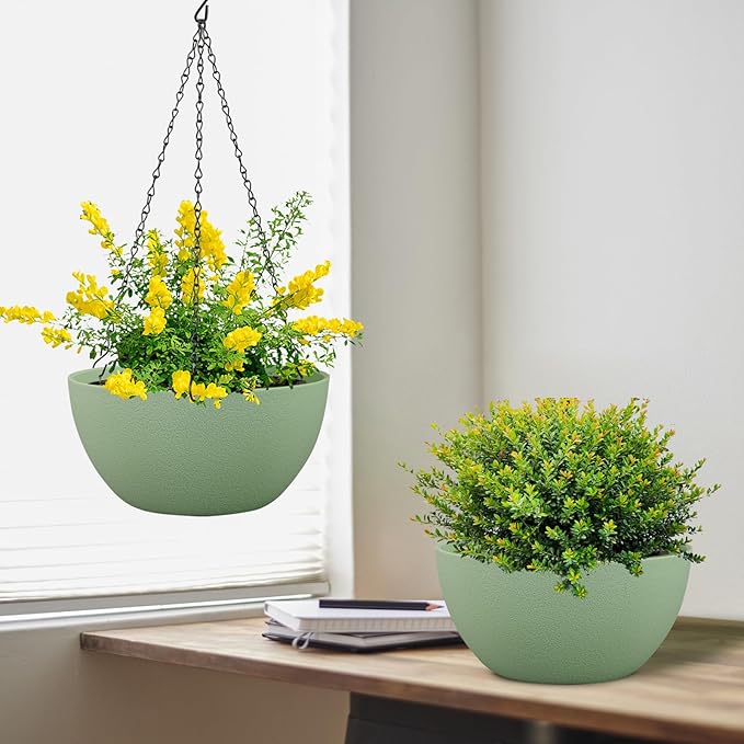 8 inch Small Hanging Planters Plant Pots for Indoor Outdoor Plants, 2 Pack Hanging Flower Pots with Drainage Holes and Chain for Garden Porch, Plastic Hanging Baskets for House Plants, Green-CasaMuseHome
