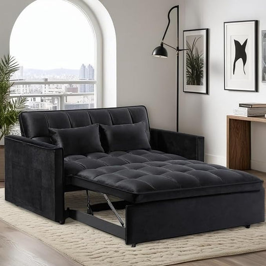 3 in 1 Convertible Sleeper Sofa Bed, Velvet Pull Out Sofas Beds with Side Pocket, 54” Adjustable Backrest Futon Sofa Bed, Love Seat Sleepers Couch for Living Room, Bedroom, Small Space, Black-CasaMuseHome