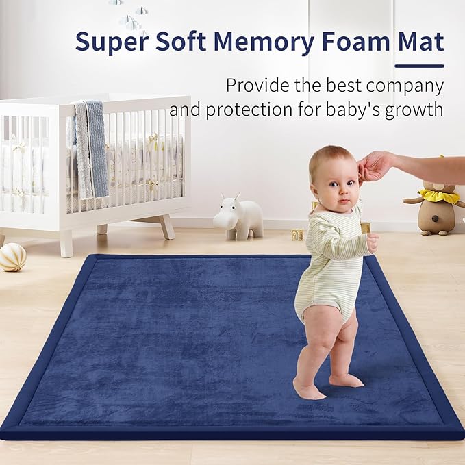 ACOMOPACK Baby Play Mat for Floor 1.3" Thick Memory Foam Play Mat 71"×79" Tummy Time Crawling with Non-Slip Bottom for Living Room,Nursery,Soft Velvet Playpen Mats for Kids,Infants（Royal Blue）-CasaMuseHome