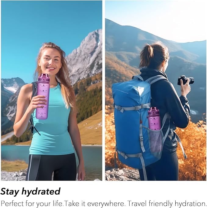 32oz Motivational Water Bottles with Time Marker & Fruit Strainer, Transparent Gradient Color Water Bottle with Times to Drink, Leakproof & BPA Free, Reusable Bottle with Strap (No Straw)-CasaMuseHome