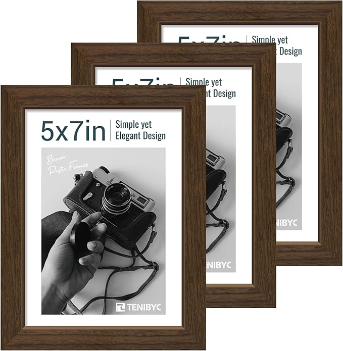 5x7 Picture Frame 3 Pack - Brown Woodgrain, Wood Photo Frame, HD Tempered Glass, Table Display or Wall Hanging-CasaMuseHome