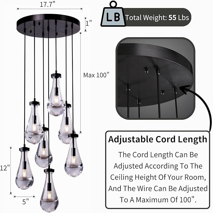 7 Light Raindrop Chandeliers, Bronze Teardrop Cluster Pendant Lights Kitchen Island, Black Dining Room Chandelier Over Table Hanging Pendant Lighting for High Ceiling, Entryway Staircase-CasaMuseHome