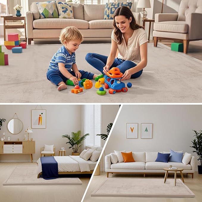 ACOMOPACK Baby Play Mat for Floor,1.3" Thick Memory Foam Area Rug for Living Room,Soft Velvet Crawling with Non-Slip Bottom for Kid,Toddler,79"×157" Tummy Time Nursery Rugs,Yoga（Beige）-CasaMuseHome
