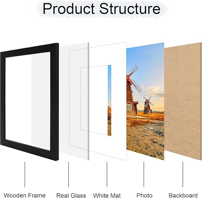 8x10 Picture Frame Set of 4, 8 x 10 Wood Photo Frames with Mat for 5x7, Wooden Frame with Real Glass Cover for Wall and Tabletop Display,Black-CasaMuseHome