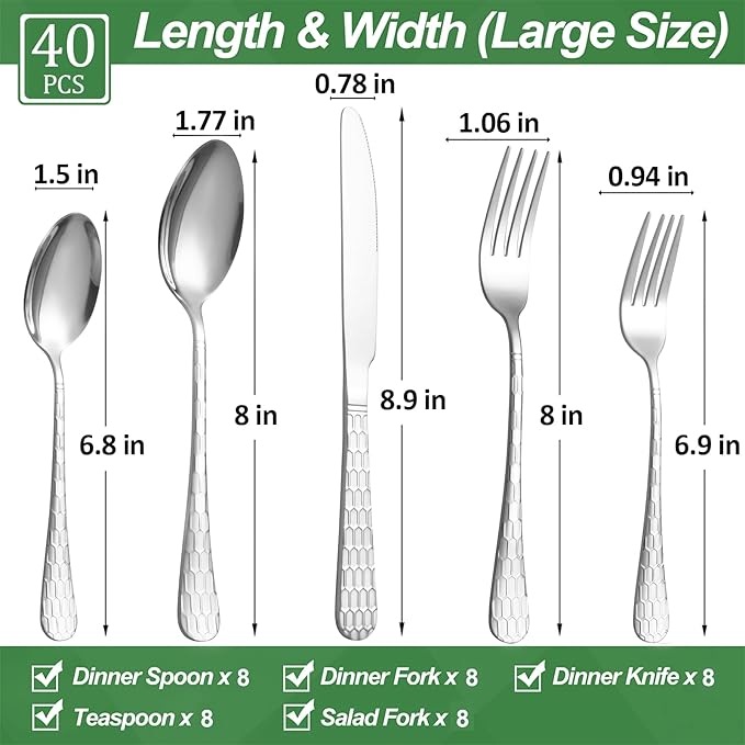 40 Pcs Silverware Set for 8 with Water Cube Handle design, Food Grade Stainless Steel Flatware Set, Eating Utensils Sets Include Fork/Knife/Spoon, Reusable Cutlery Set, Dishwasher Safe-CasaMuseHome