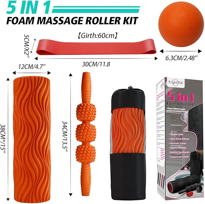 5-in-1 Foam Roller Set, Massage Roller Stick, Massage Ball, Resistance Band for Deep Muscle Massage, Trigger Point Release, Pilates, Yoga (Orange-Wave)-CasaMuseHome