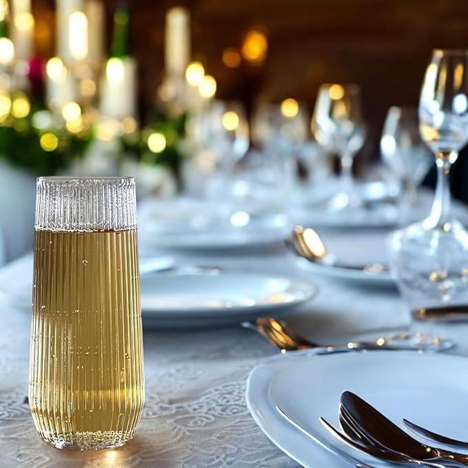 24 Pack Ribbed Origami Ripple Plastic Glasses, 12-9 Ounce Stemless Champagne Flutes & 12-12 Ounce Cups, BPA-Free Disposable Shatterproof Toasting Glasses for Weddings, Bars, and Events (Clear)-CasaMuseHome