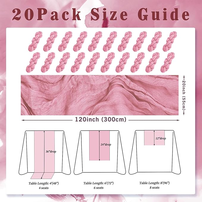 20 Pack Dusty Rose 10FT Cheesecloth Table Runner 20 x 120 Inch Long Rustic Gauze Fabric Cheese Cloth Table Runner for Wedding Bridal Baby Shower Table Decorations Boho Sheer Birthday Party Table Decor-CasaMuseHome