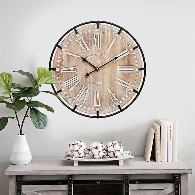 20 Inch Grand Farmhouse Wall Clock, Vintage-Inspired Wood & Metal Design with Large Etched Numbers, Silent Battery-Powered Timepiece for Offices, Kitchens, Bedrooms, and Living Rooms-CasaMuseHome