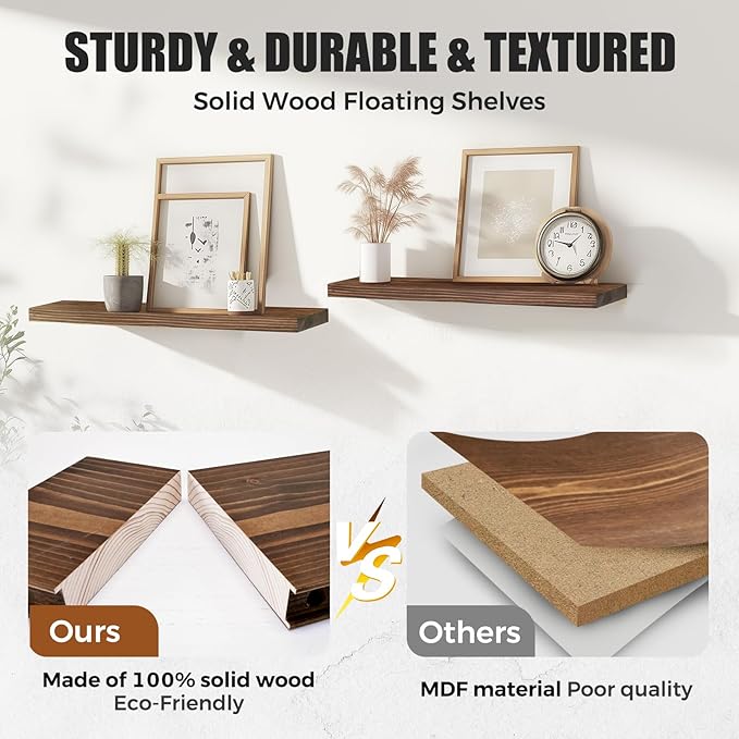 24"x6.8"x1.2" Solid Wood Floating Shelves 2-Pack - Rustic Brown Finish with Hidden Brackets, Perfect for Storage and Décor in Living Room, Kitchen, Bedroom-CasaMuseHome