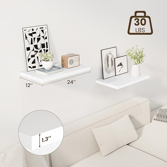 24" Floating Shelves for Wall, 12" Deep Slim White Floating Shelves, Wall-Mounted Shelves for Bedroom, Living Room, Kitchen, Bathroom - Set of 2-CasaMuseHome