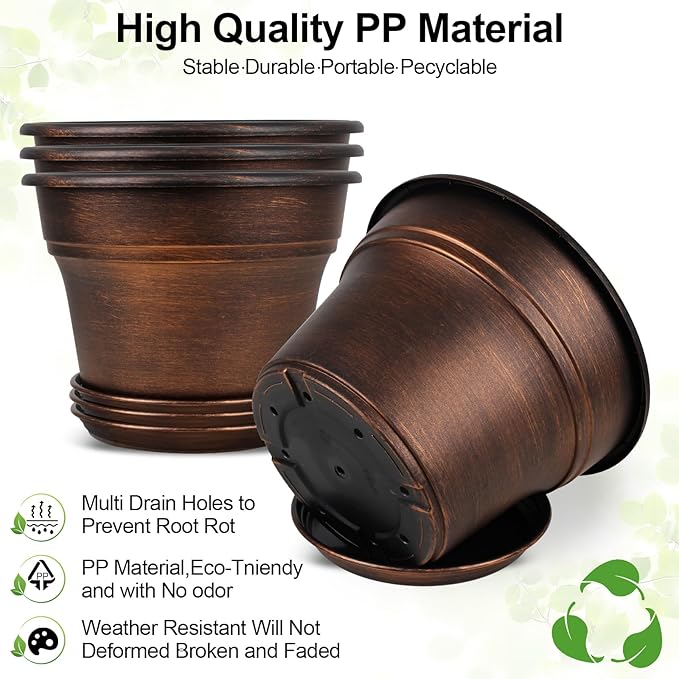 10 Inch Planters Plant Pots Indoor Outdoor, 4 Pack Plastic Flower Pot for Indoor Plants with Drainage Holes & Trays, Resin Decorative Container Sets with Saucer for House Garden Copper-CasaMuseHome