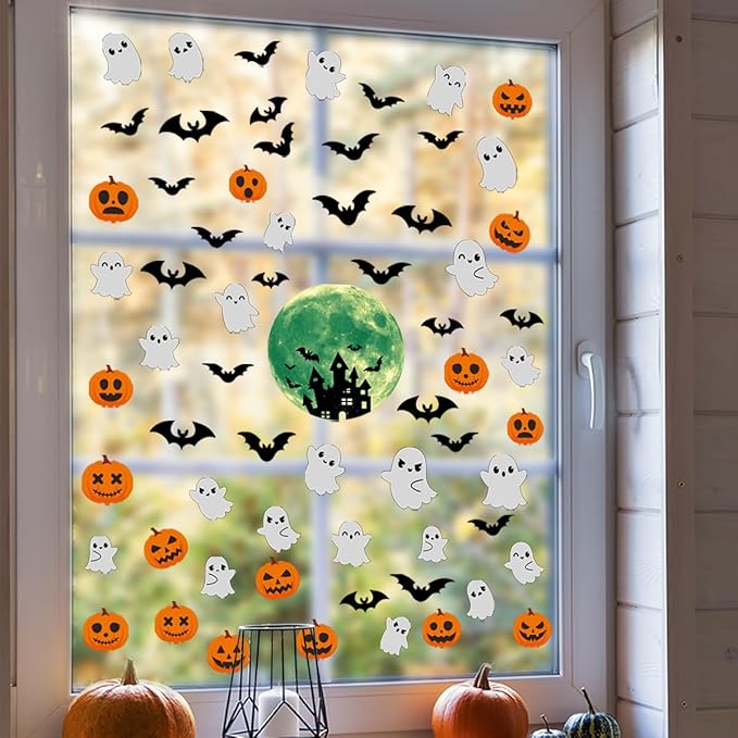 6 Sheets Halloween Window Clings Halloween Window Stickers Double-Sided Removable Castle Pumpkin Ghost Bat Window Decals Decor for Scary Halloween Theme Party Decorations-CasaMuseHome