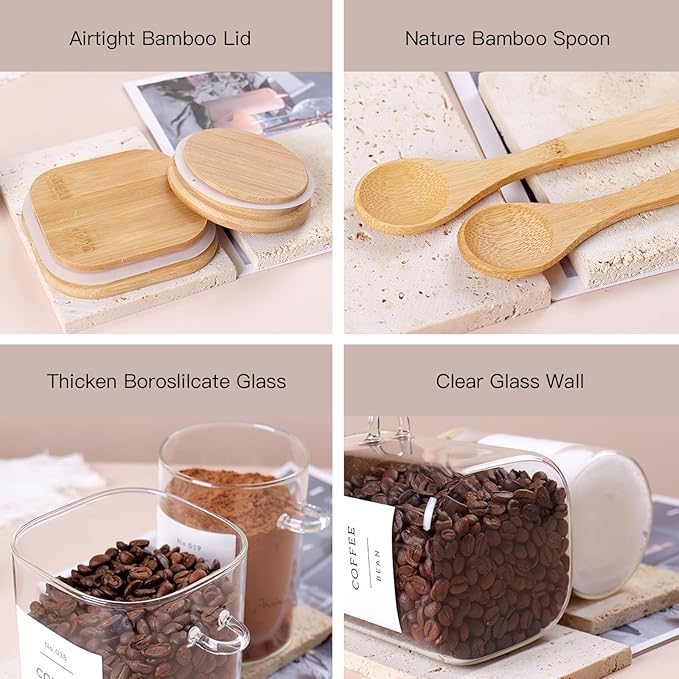 6 Pack Glass Jars with Bamboo Lid and Spoons - 17Oz/27Oz Borosilicate Glass Jars with 132 Pantry Labels - for Coffee Beans, Tea, Sugar & More-CasaMuseHome