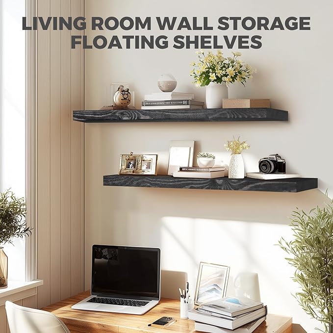 36"x6.8"x1.2" Solid Wood Floating Shelves 2-Pack - Rustic Black Finish with Hidden Brackets, Perfect for Storage and Décor in Living Room, Kitchen, Bedroom-CasaMuseHome
