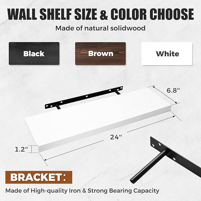 24"x6.8"x1.2" Solid Wood Floating Shelves 2-Pack - Rustic White Finish with Hidden Brackets, Perfect for Storage and Décor in Living Room, Kitchen, Bedroom-CasaMuseHome