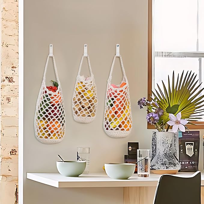 AARAINBOW Boho Wall Hanging Baskets for Kitchen Storage, Fruit Woven Wall Basket 9 Pcs, Hanging Vegetable and Onion Storage with 24 Hooks （White）-CasaMuseHome