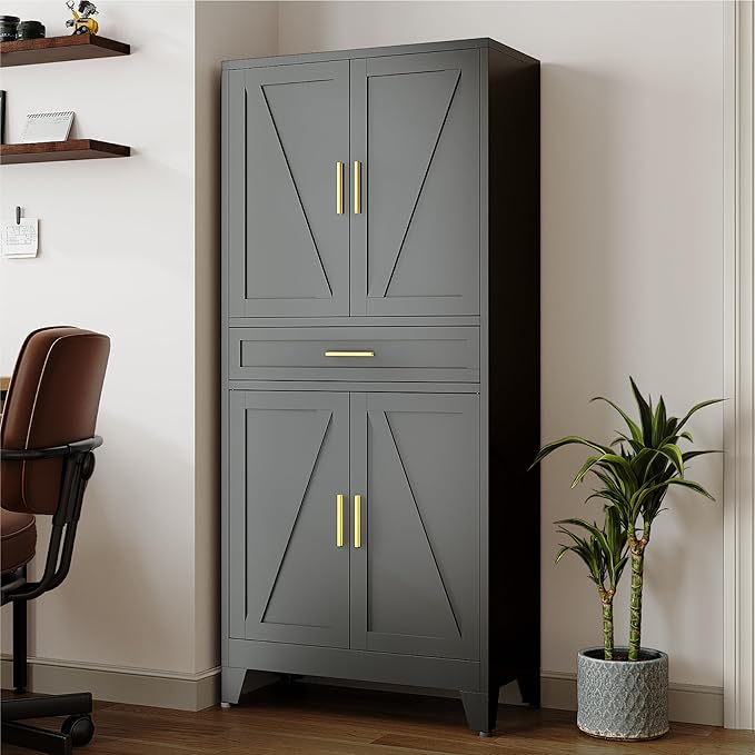 71 "Farmhouse Metal Filing Cabinet with a Drawer and 4 Adjustable Shelves, with 4 Large barn Door White Kitchen Cabinets, Metal Food Cabinets for Home, Kitchen, Dining/Living Room (Black)-CasaMuseHome