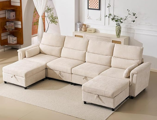 132'' Oversized Modular Sectional Sofa, U Shaped Comfy Sectional Couch with Large Storage, 6 Seat Chenille Deep Seat Cloud Sofa with 2 Throw Pillows for Living Room,Beige-CasaMuseHome