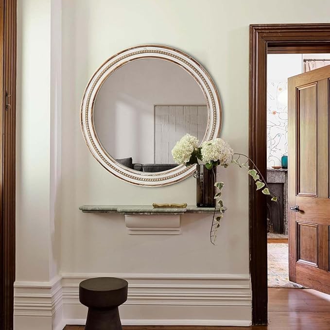 24 Inch Round Mirror - Distressed Vintage Farmhouse Mirror for Bathroom Wall, Living Room, Bedroom & Entryway, Handmade Wood Frame-CasaMuseHome